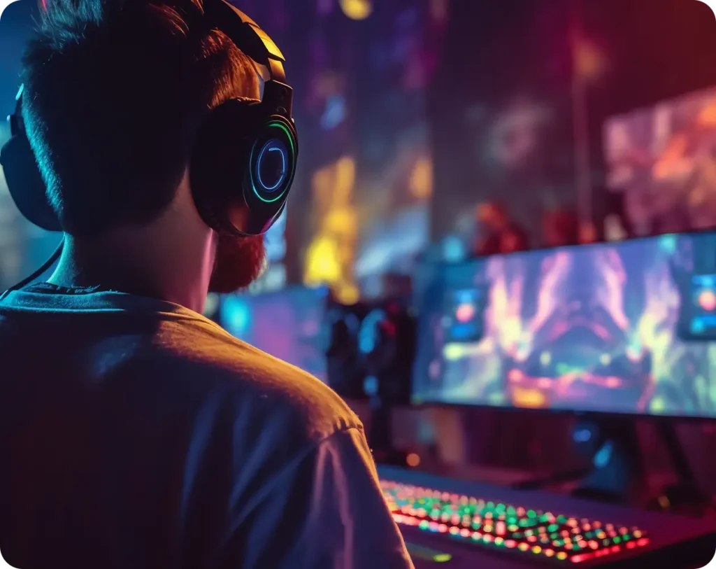 Gracz e-sportowy ze słuchawkami gra przy komputerze z RGB podświetleniem